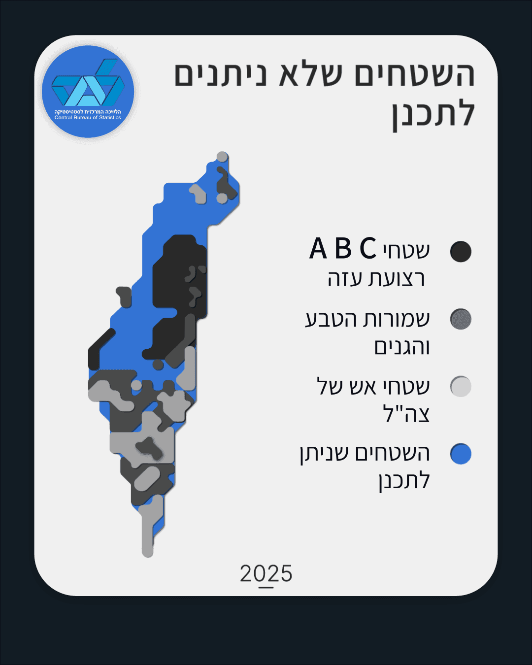 Map of Israel divided into colored regions with a legend indicating different types of settlements for 2025.