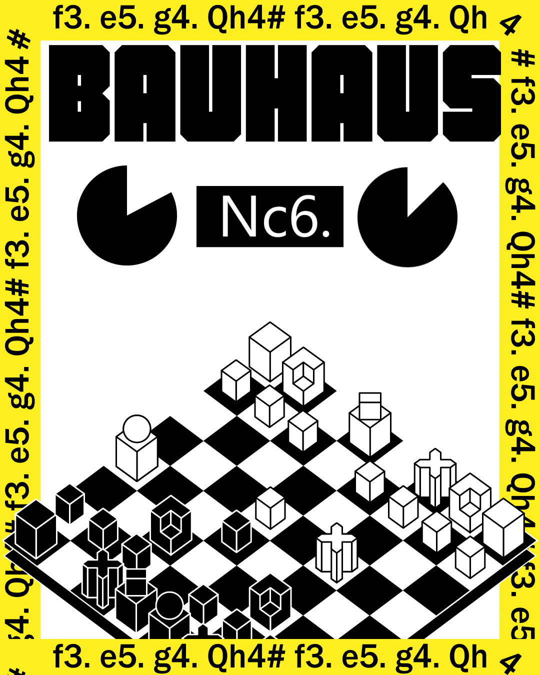 Bauhaus graphic with chess pieces and chess notation on a yellow border.