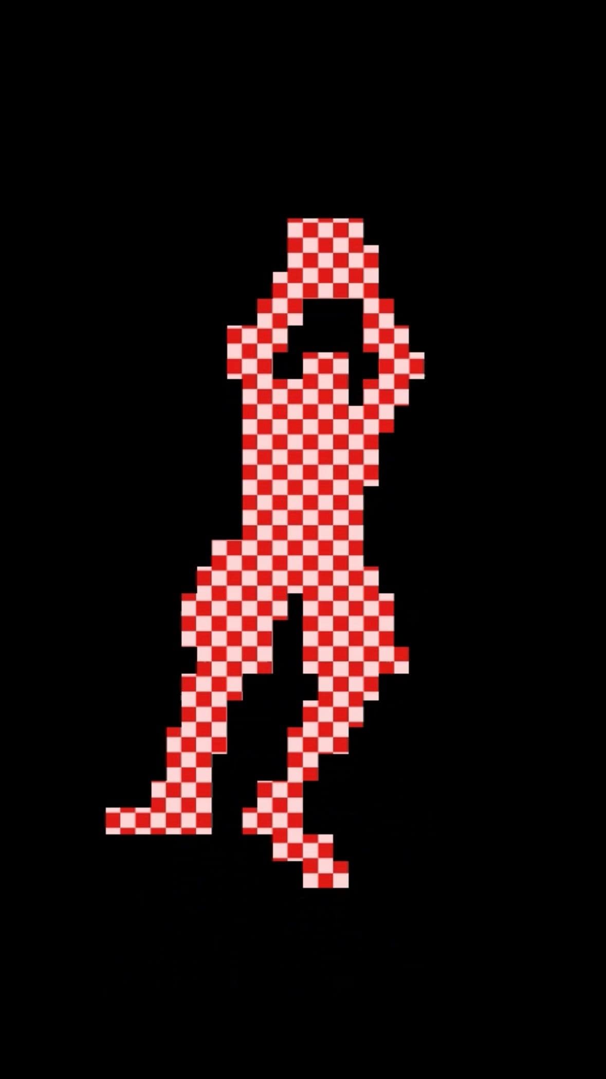 Red pixelated silhouette of a person holding their head in their hands.