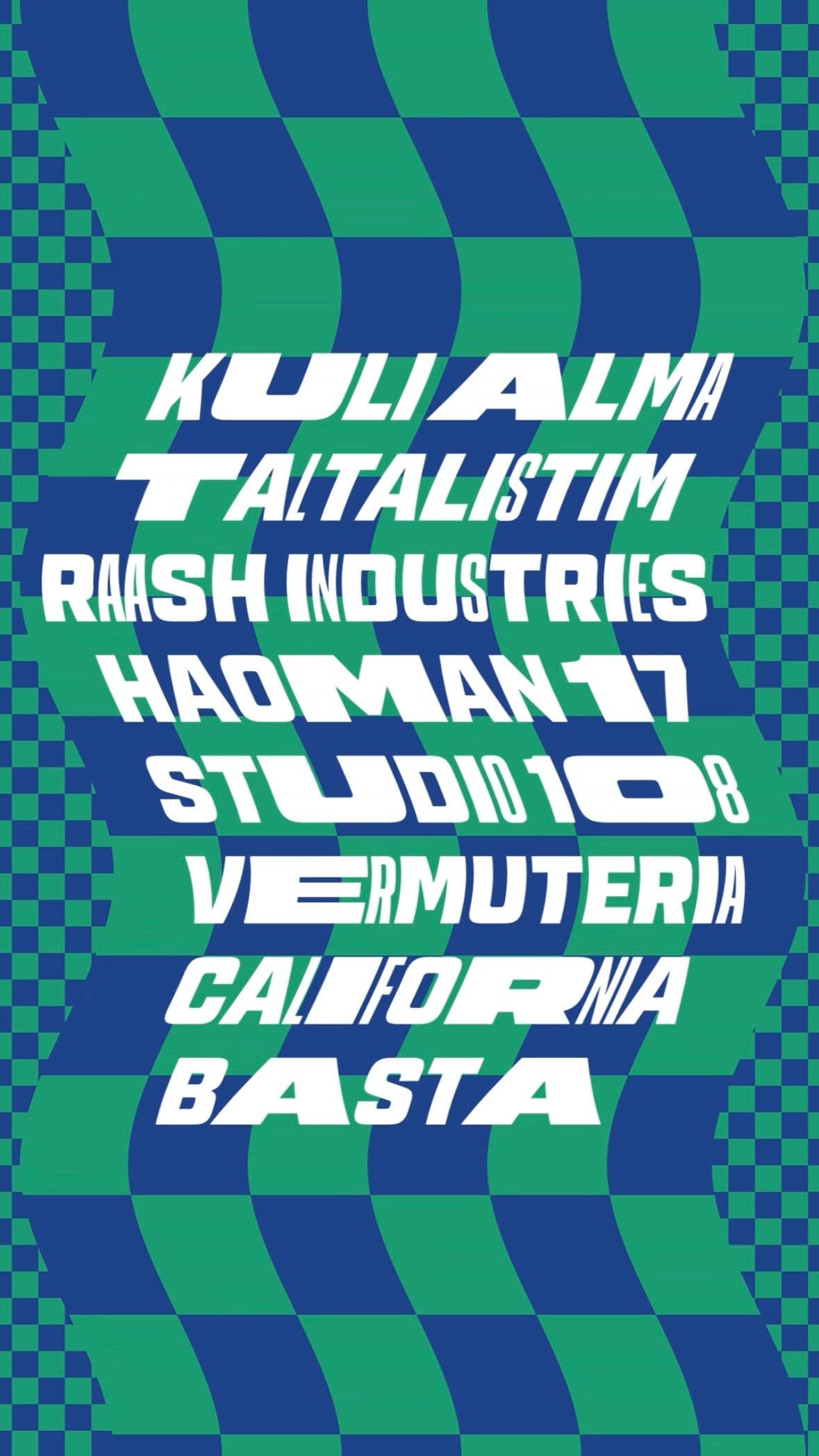 Green and blue checkerboard background with white text listing names and studio information.