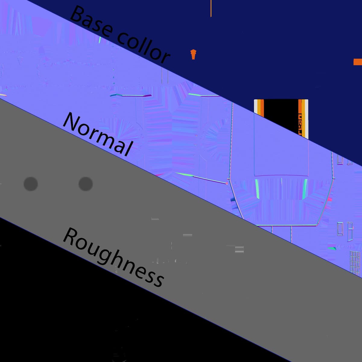 Three textured maps labeled Base Color, Normal, and Roughness are displayed at angles.