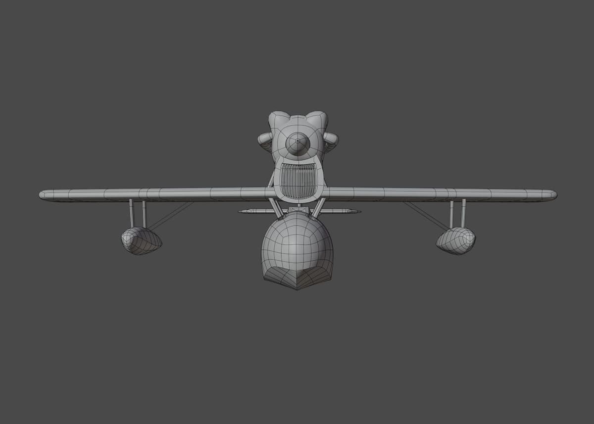 3D render of a seaplane with a single engine and floats.