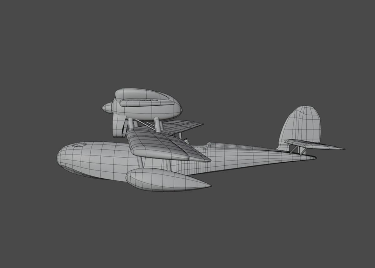3D wireframe model of a seaplane with a single engine and floats.