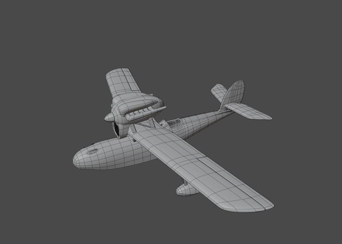 3D wireframe model of a seaplane with twin tails and a single engine.