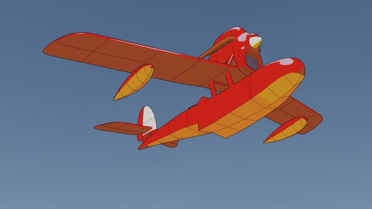 A red and orange cartoon seaplane flies against a clear blue sky.