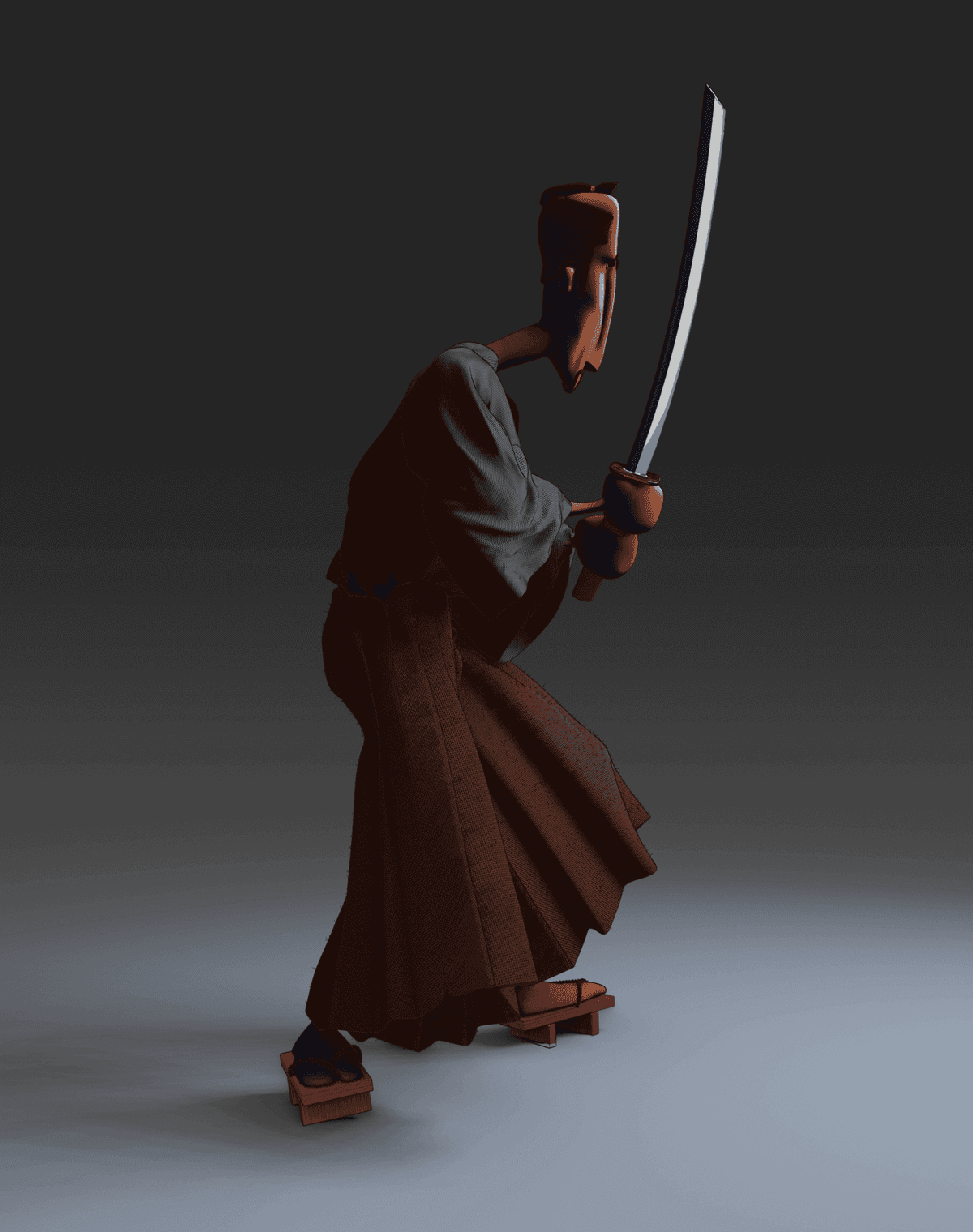 Stylized wooden figure in traditional Japanese attire, holding a katana sword.