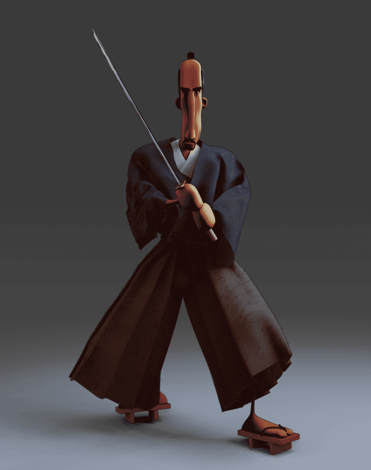 Stylized samurai character with a sword, wearing a dark kimono and wide pants.