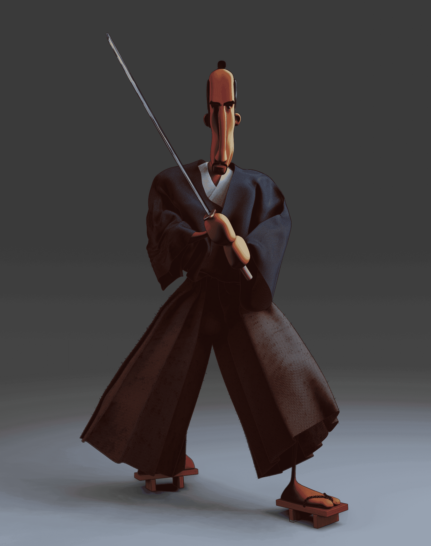 Stylized samurai character with a sword, wearing a dark kimono and wide pants.
