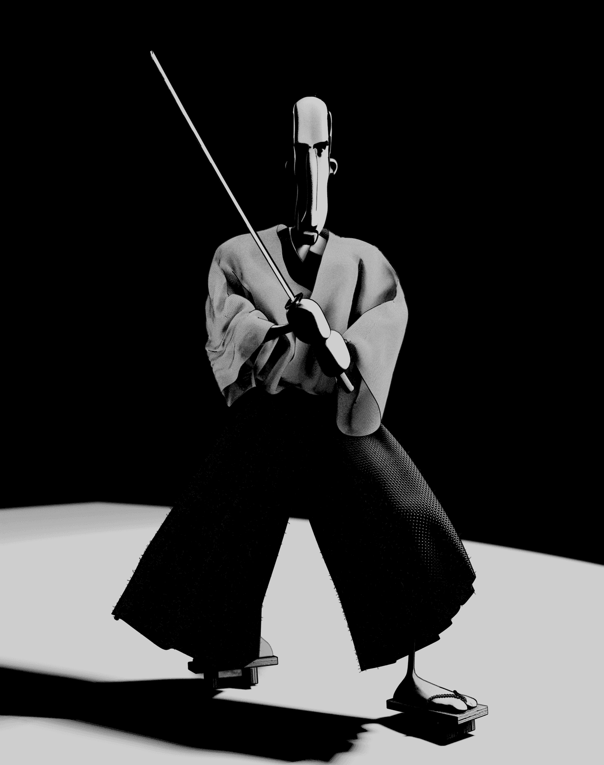 Stylized figure in samurai attire holds a sword in a defensive stance against a black background.