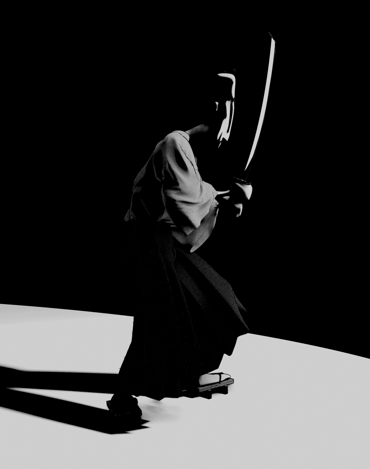 A samurai warrior in traditional garb holds a drawn katana in a dramatic, high-contrast pose.