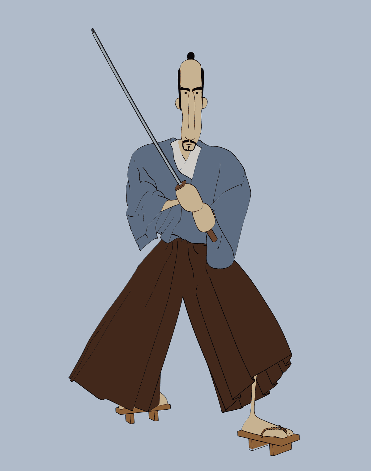 Stylized cartoon of a samurai warrior holding a sword, wearing a blue robe and brown hakama pants.