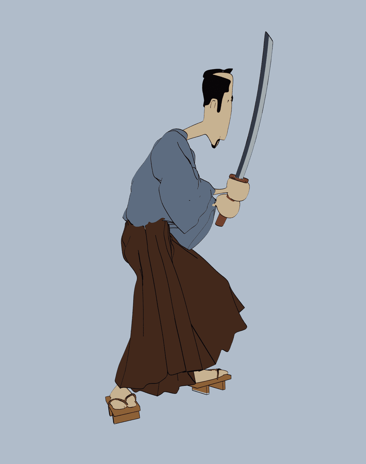 Stylized illustration of a man in traditional Japanese attire holding a sword.
