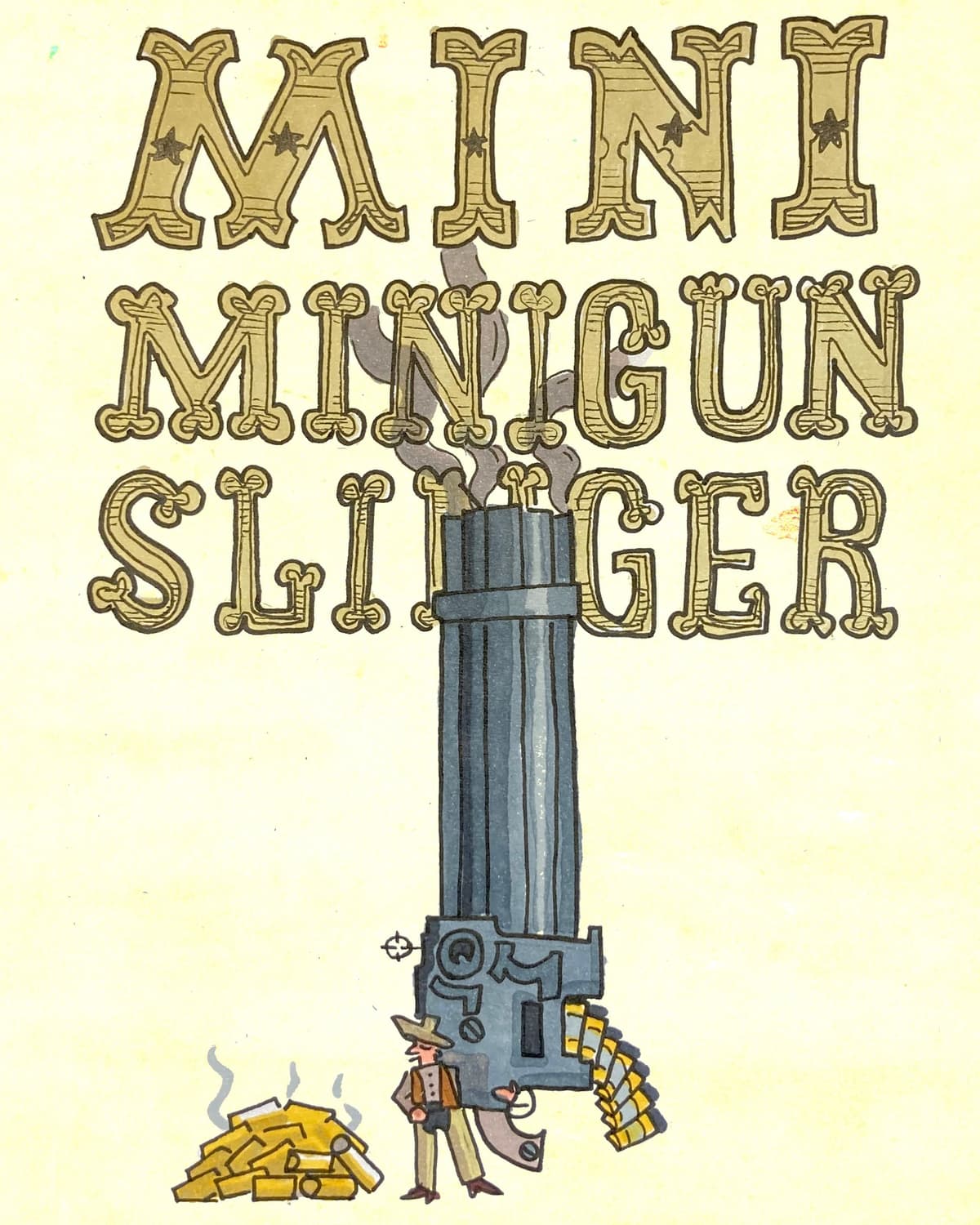 A cartoon cowboy stands next to a large minigun with a pile of gold coins.