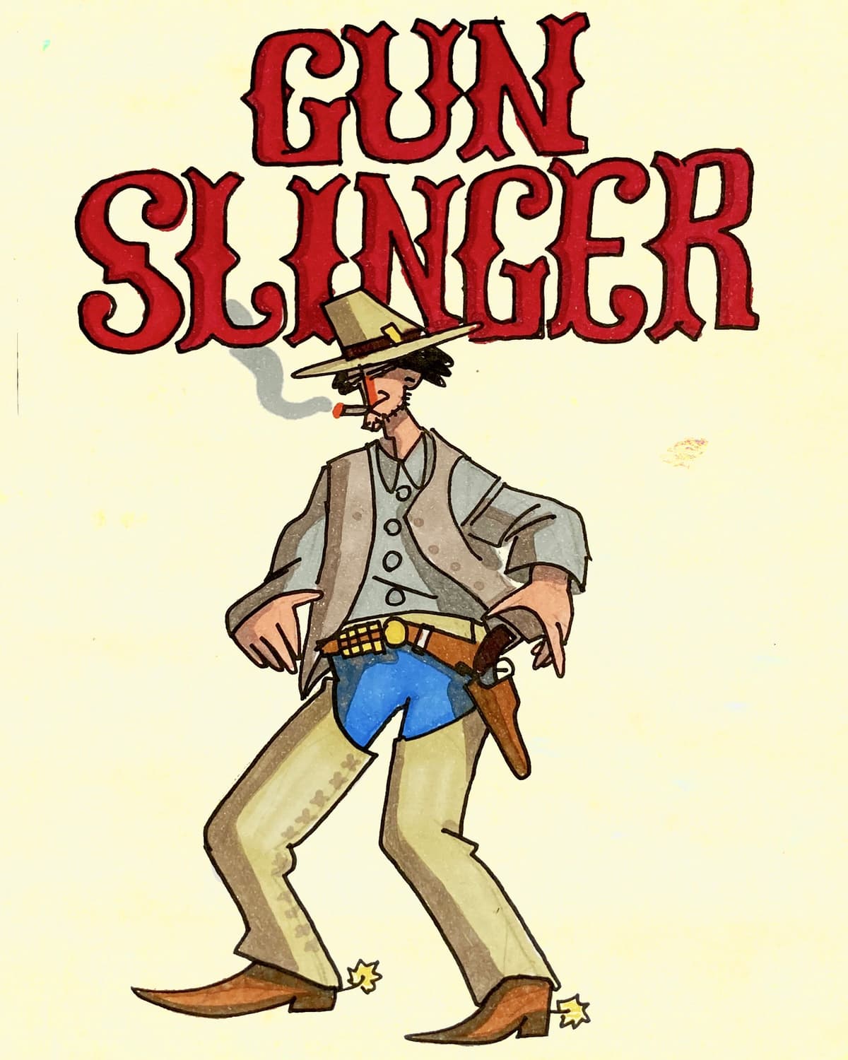 Cartoon cowboy with a hat and smoking a cigarette, wearing chaps and holding a pistol.