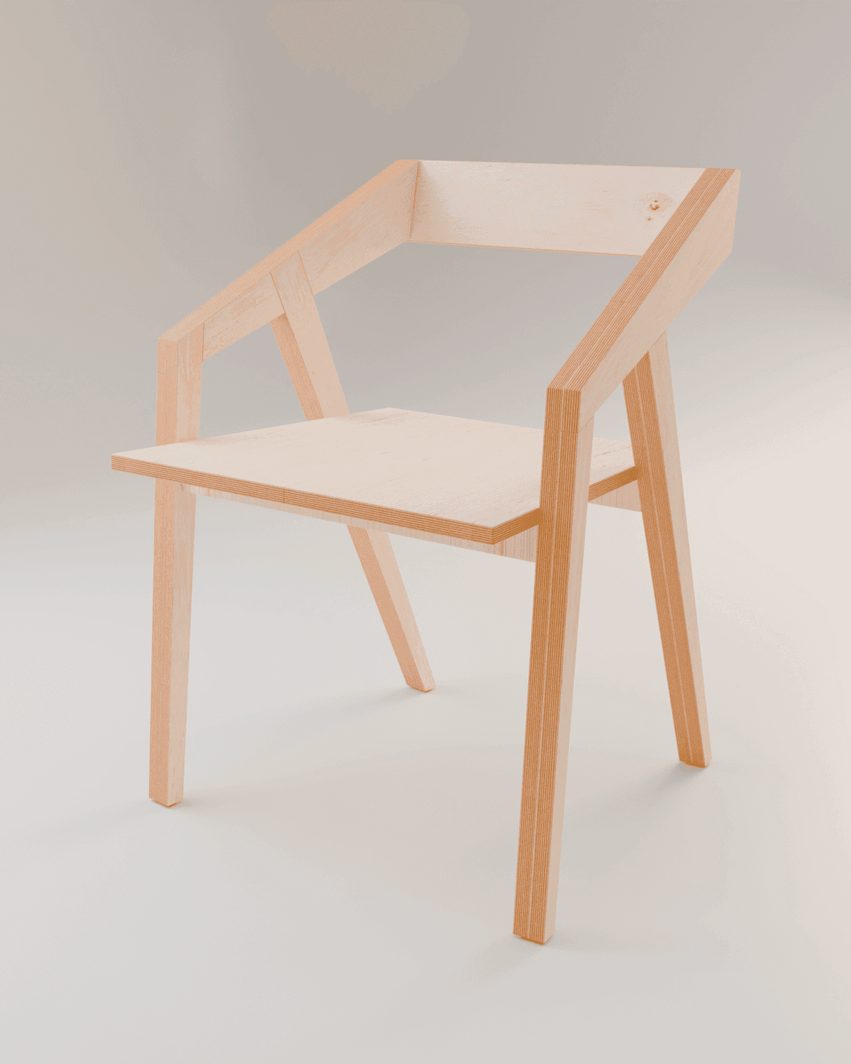 A modern, minimalist wooden chair with a light wood finish and an open back.