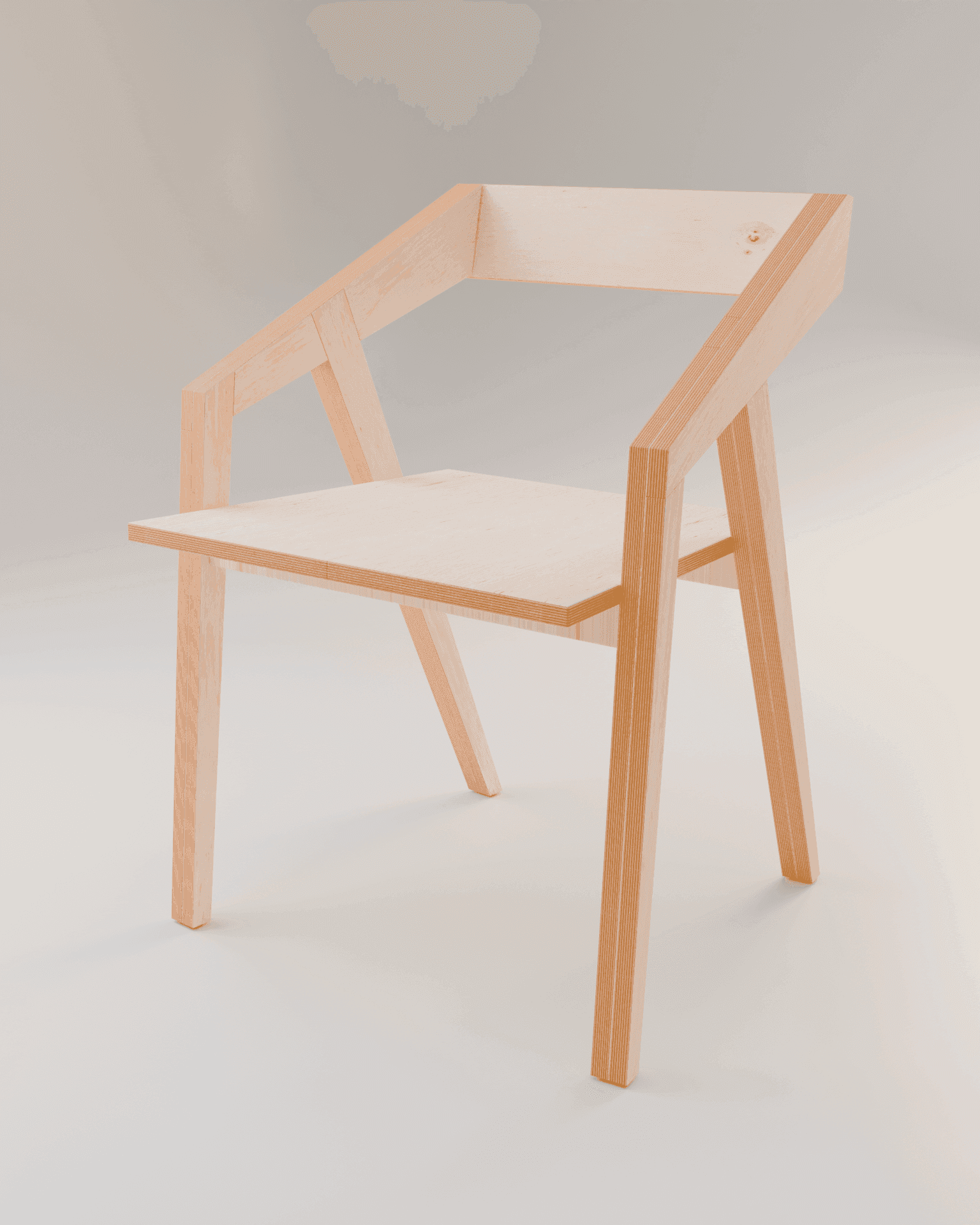 A modern, minimalist wooden chair with a light wood finish and an open back.