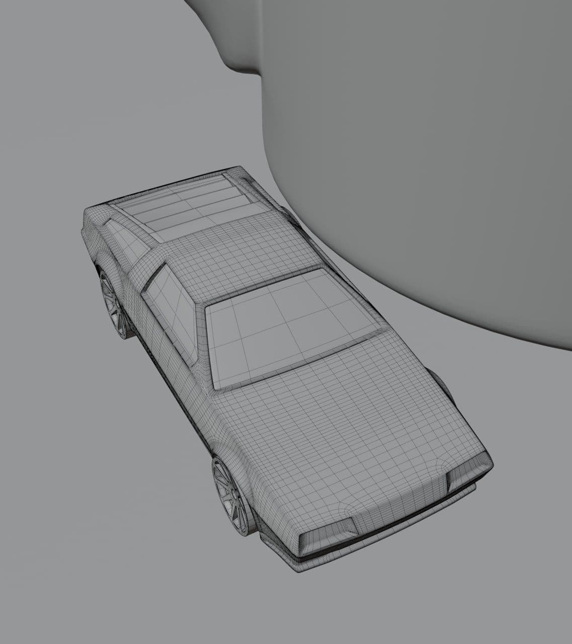 Wireframe model of a futuristic sports car parked next to a large cylindrical object.