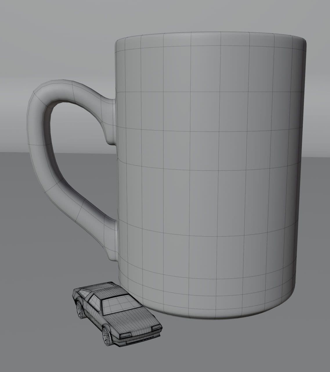 A large, untextured mug sits next to a tiny toy car.
