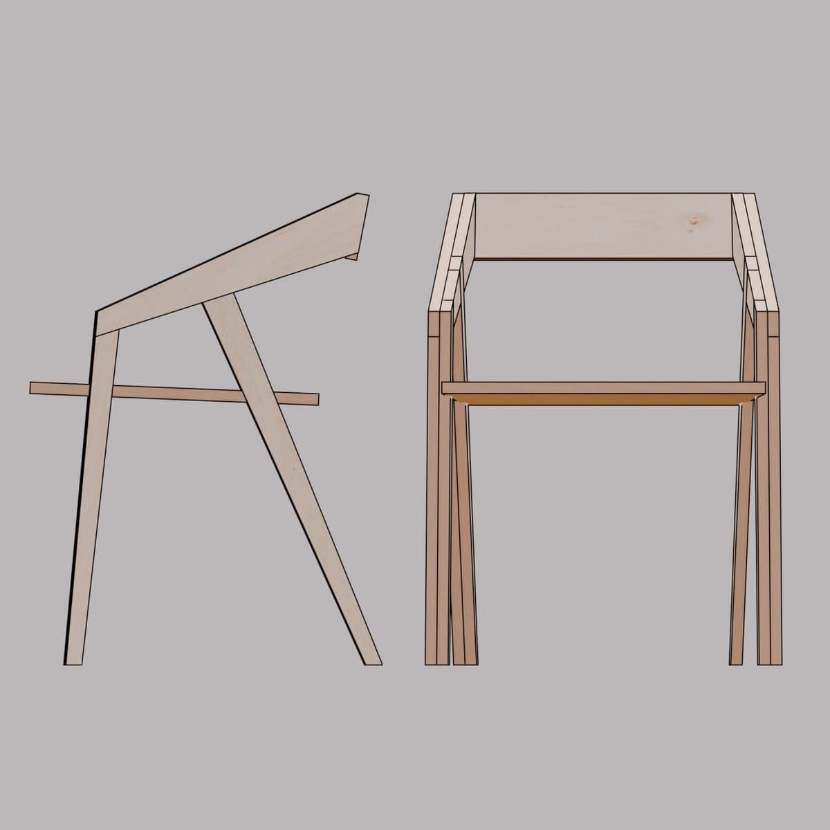 Side and front views of a minimalist wooden chair with a slatted seat and back.