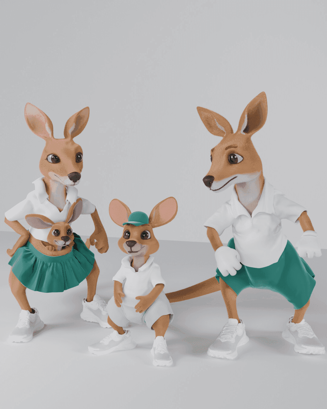 A family of four cartoon kangaroos dressed in athletic wear posing for a photo.
