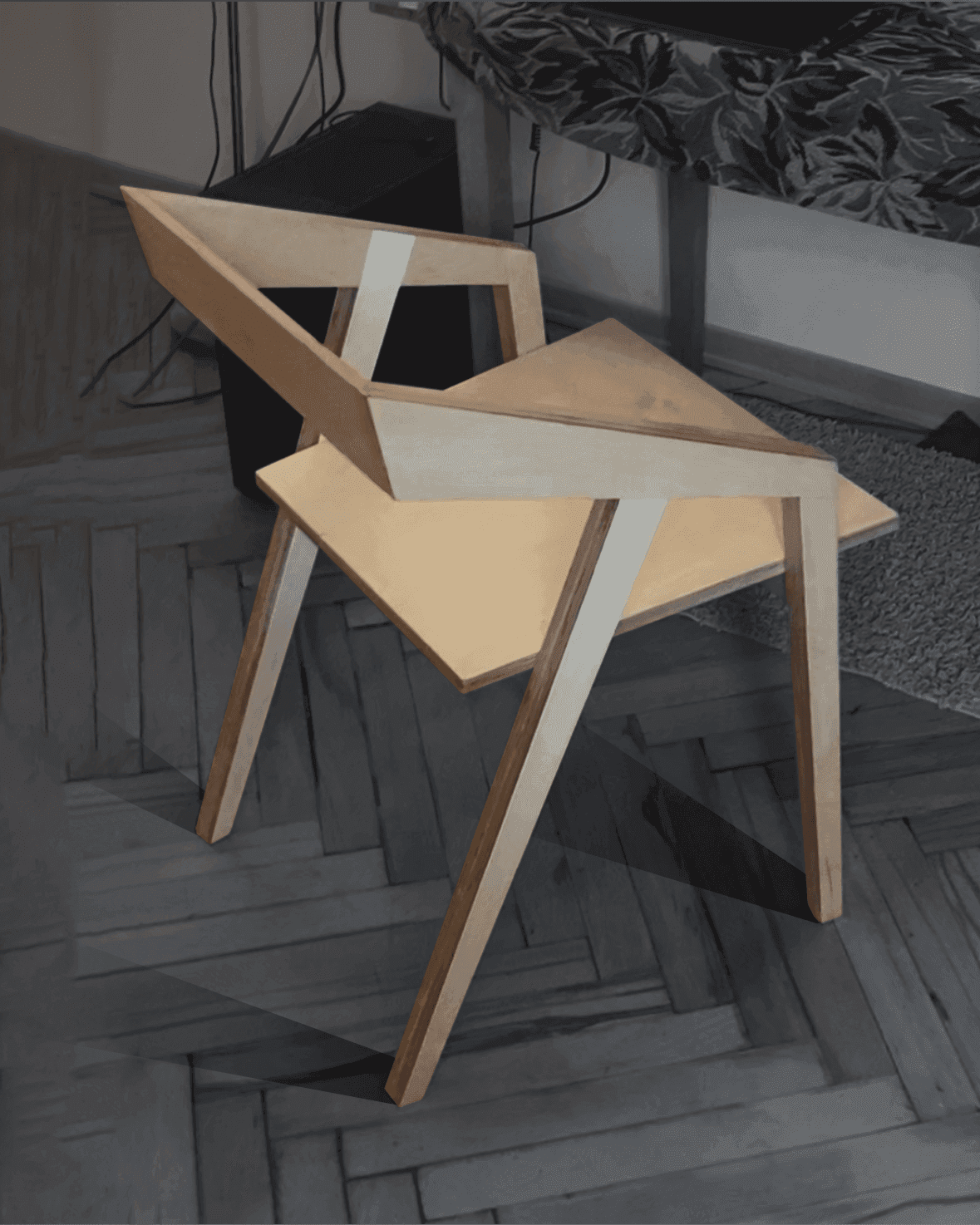 Modern wooden chair with a unique geometric design and angular frame.