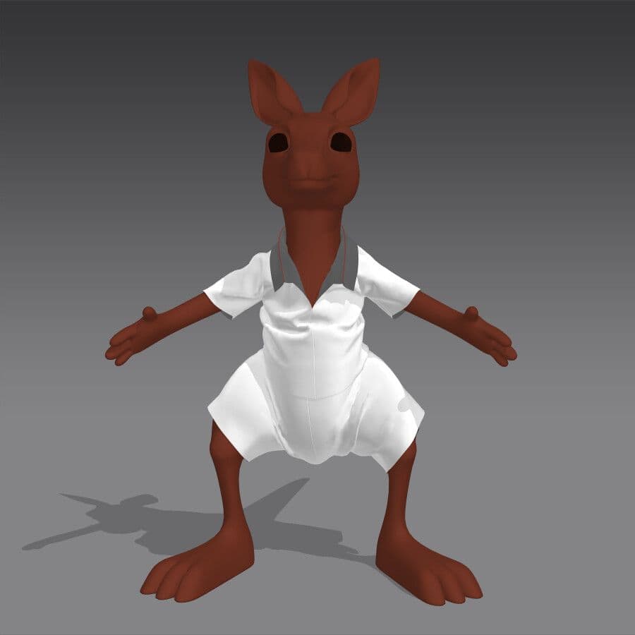 A 3D rendered cartoon character resembling a brown rabbit wearing a white shirt and shorts.