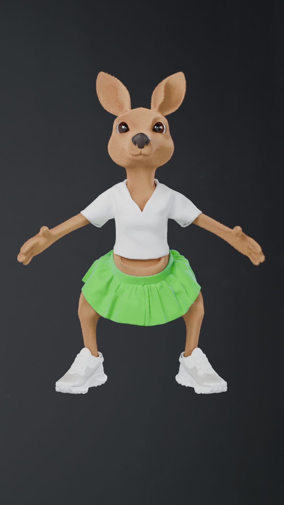 Cartoon kangaroo character wearing a white t-shirt and a green skirt, with arms outstretched.