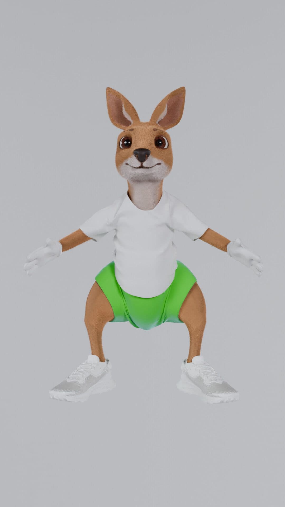 3D render of a cartoon kangaroo wearing a white t-shirt and green shorts.
