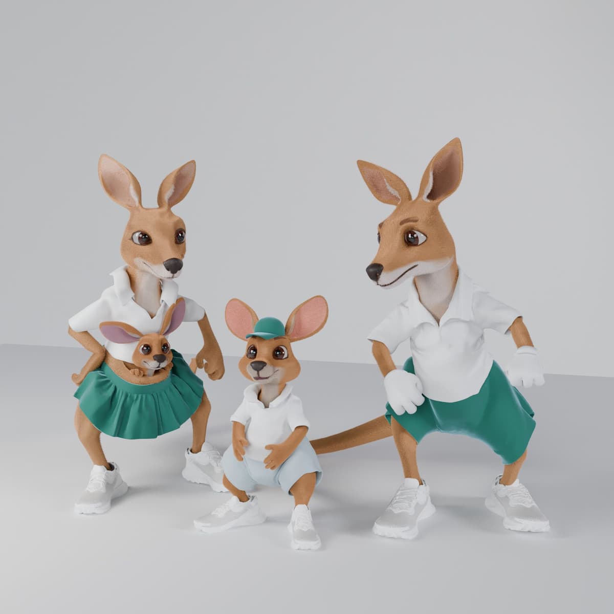 Three kangaroos in tennis outfits: two adults and one joey.