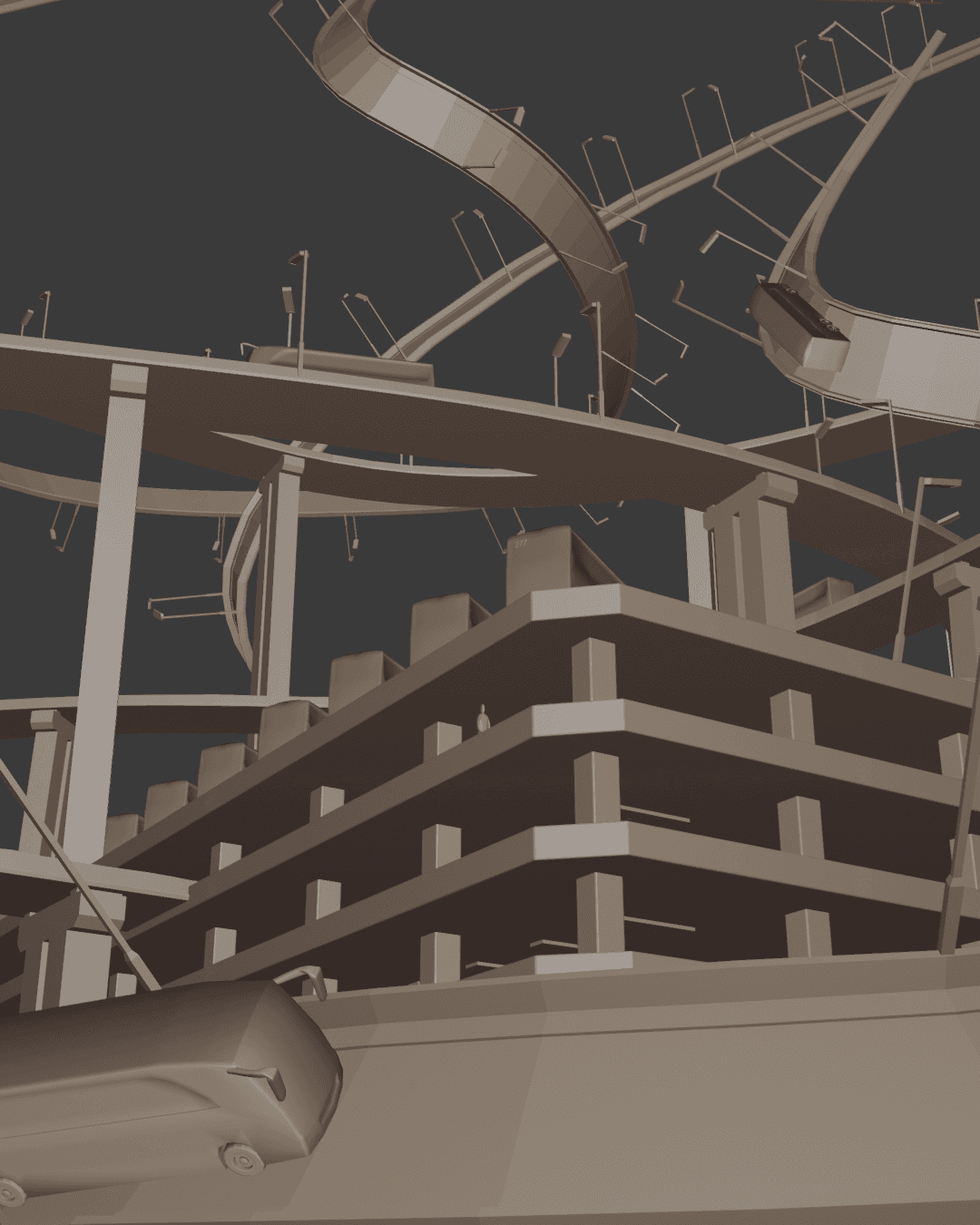 Wireframe rendering of a complex structure with multiple levels and curved tracks.