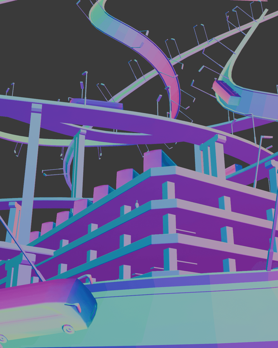 Abstract architectural rendering with purple and teal metallic structures.