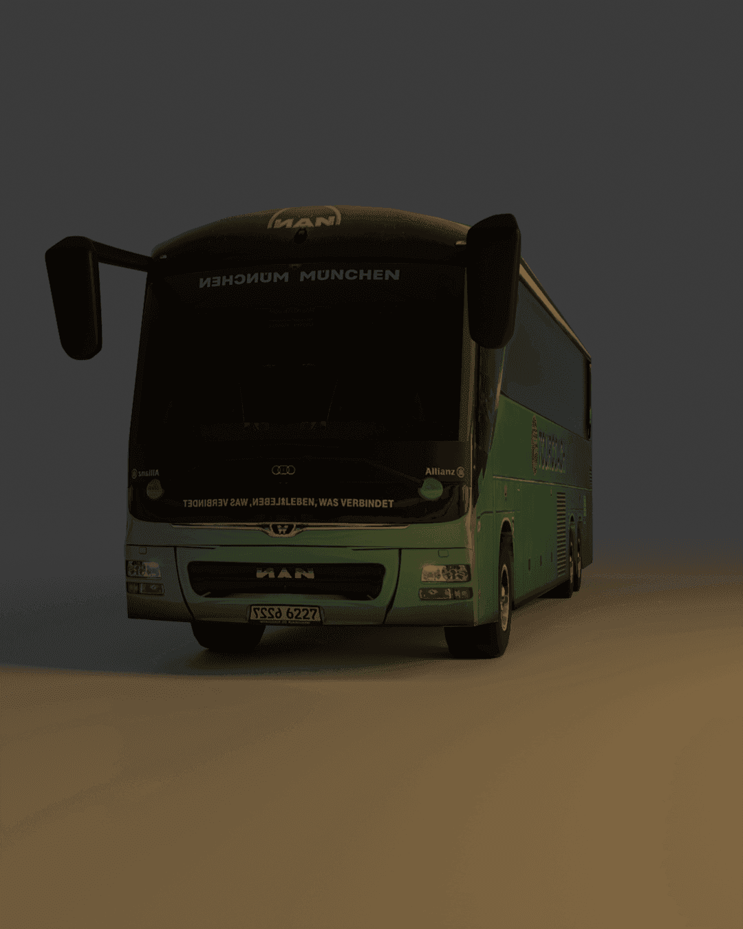 A green MAN bus with tinted windows is parked on a gray surface with spotlights.
