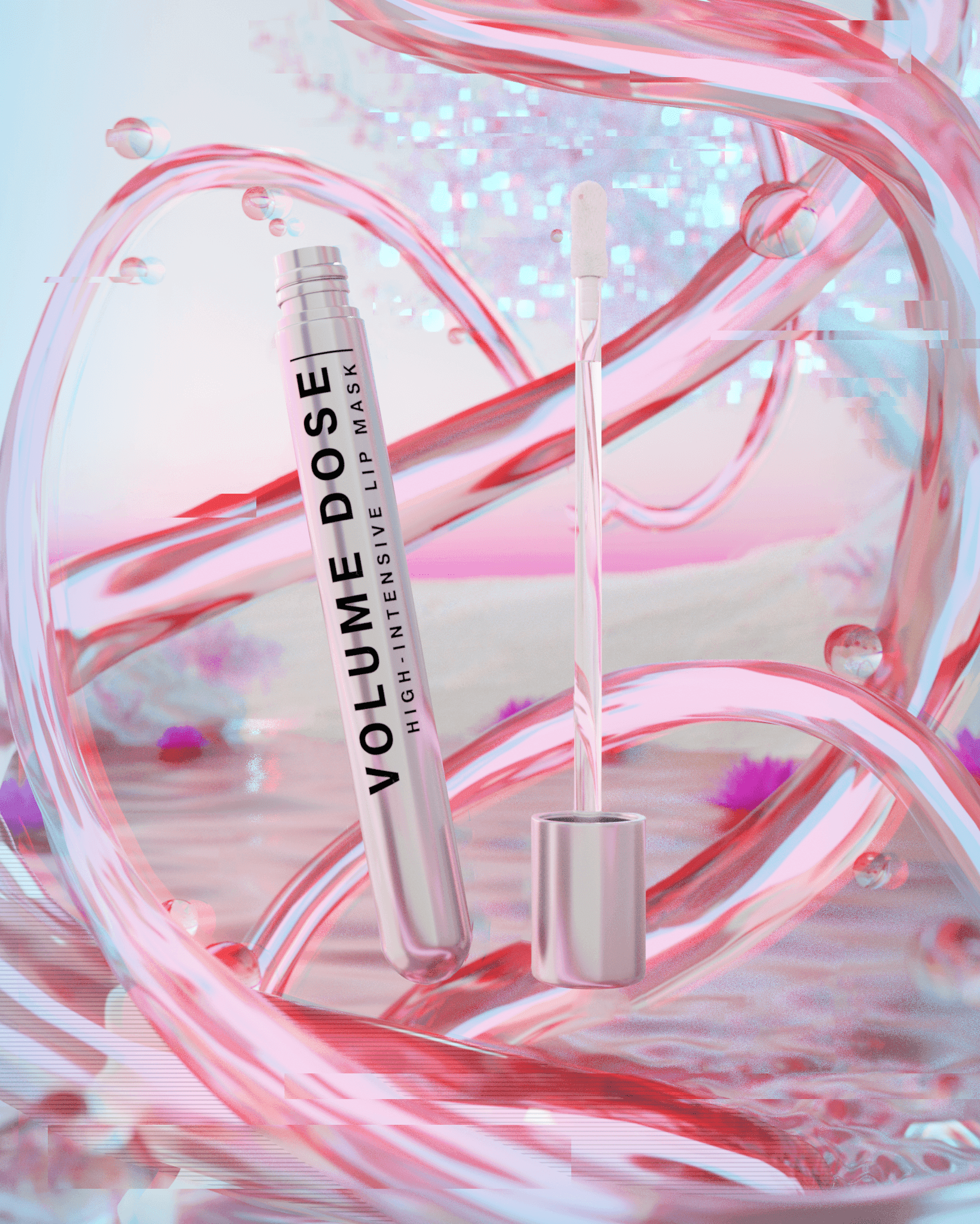 Volume Dose High Intensive Lip Mask tube and applicator stick surrounded by pink liquid swirls.