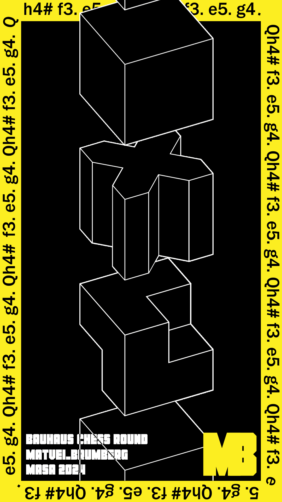 Abstract geometric shapes stacked vertically against a black background with yellow text.