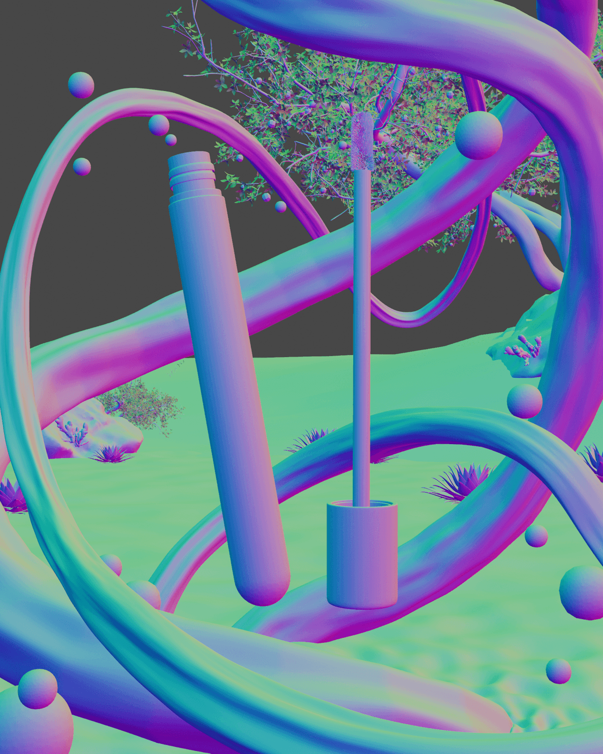 A tube of mascara with its wand pulled out, set against a backdrop of swirling, iridescent colors.