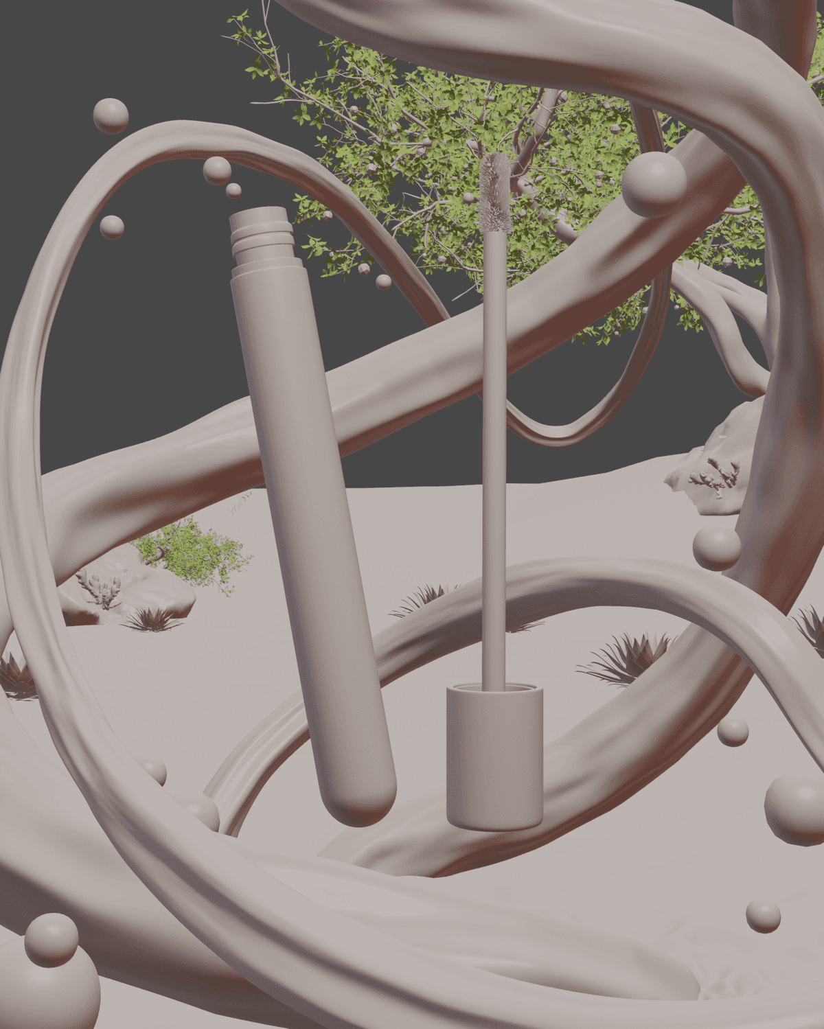 A mascara tube and wand are displayed within swirling, abstract shapes and a naturalistic background.